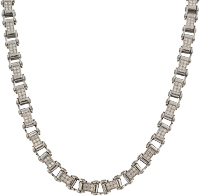 Stainless Steel Bicycle Link Necklace with 2 Row Diamonds
